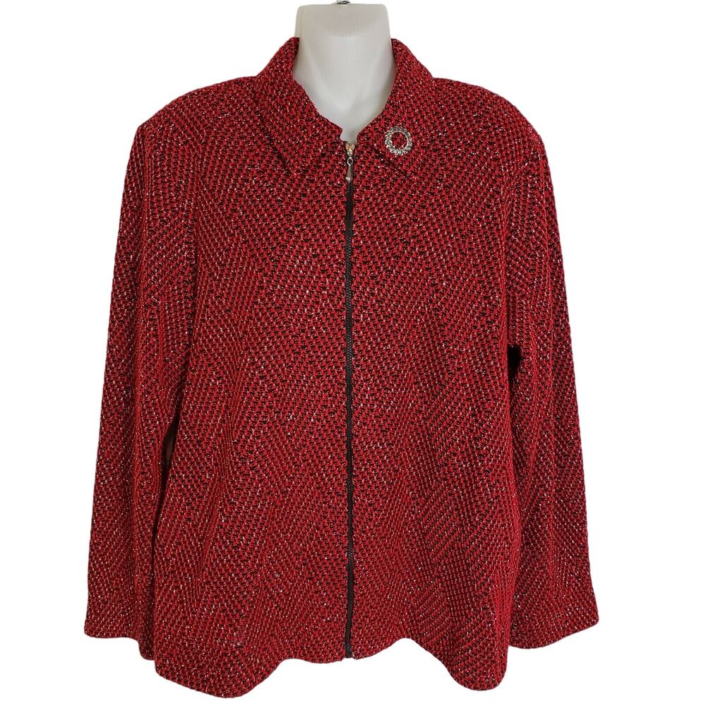 Alfred Dunner Womens Full Zip Jacket Size 10 Red Metallic Silver Lined Pockets